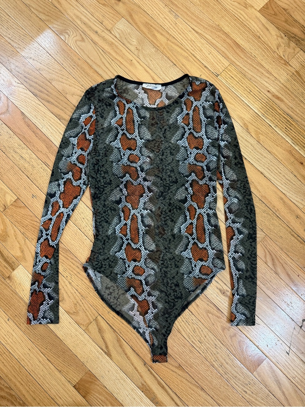 Jasmine Sheer Snake-Print Long Sleeve Bodysuit in Brown & Black